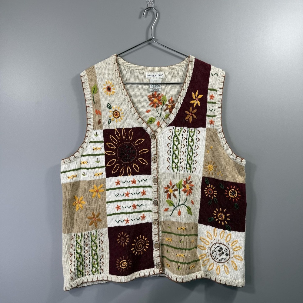 White Stag Sweater Vest Womens XL Floral Patchwork Embroidered Button Front